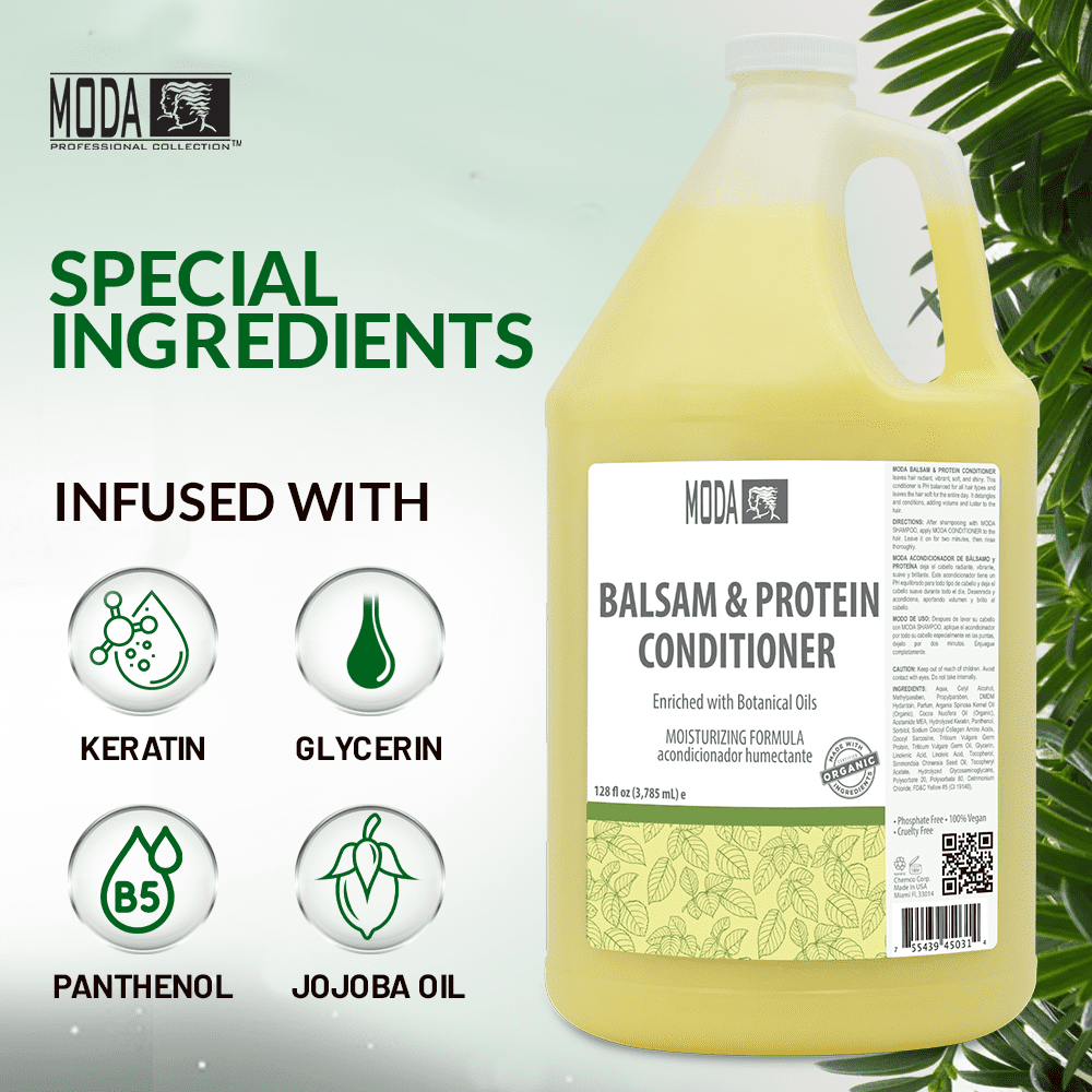 MODA - Moisturizing Conditioner for all Hair Types, Balsam and Protein, 128 Oz, Professional - Strengthens, Moisturizes, Leaves Hair Soft and Shiny, Adds Volume, Protects Color and Restore