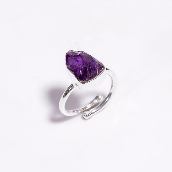 SATYAVIE JEWELLERY Natural Amethyst Rough Ring, Handmade 925 Sterling Silver Adjustable Ring, Birthstone Ringl Herkimer Diamond Raw Ring, Handmade 925 Sterling Silver Stackable Diamond Ring