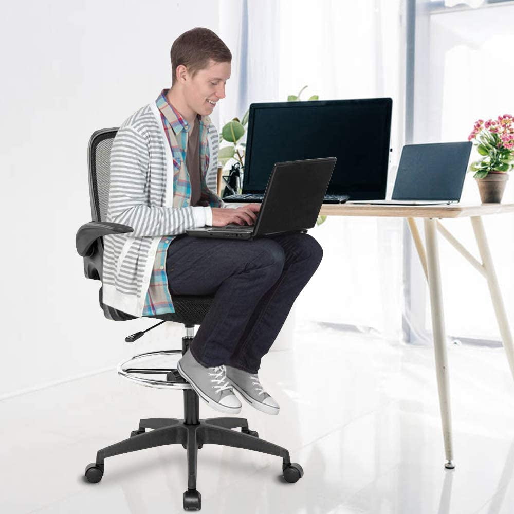 Drafting Chair Ergonomic Mesh Office Chair for Standing Adjustable Computer Desk Chair Home Office Desk Chair Mesh Task Chair with Footring & Flip Up Arms