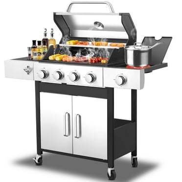 SYNAGR 4-Burner Propane Gas Grill, 46,790 BTU Stainless Steel BBQ Grill with Side Burner and Thermometer for Outdoor Party, Camping