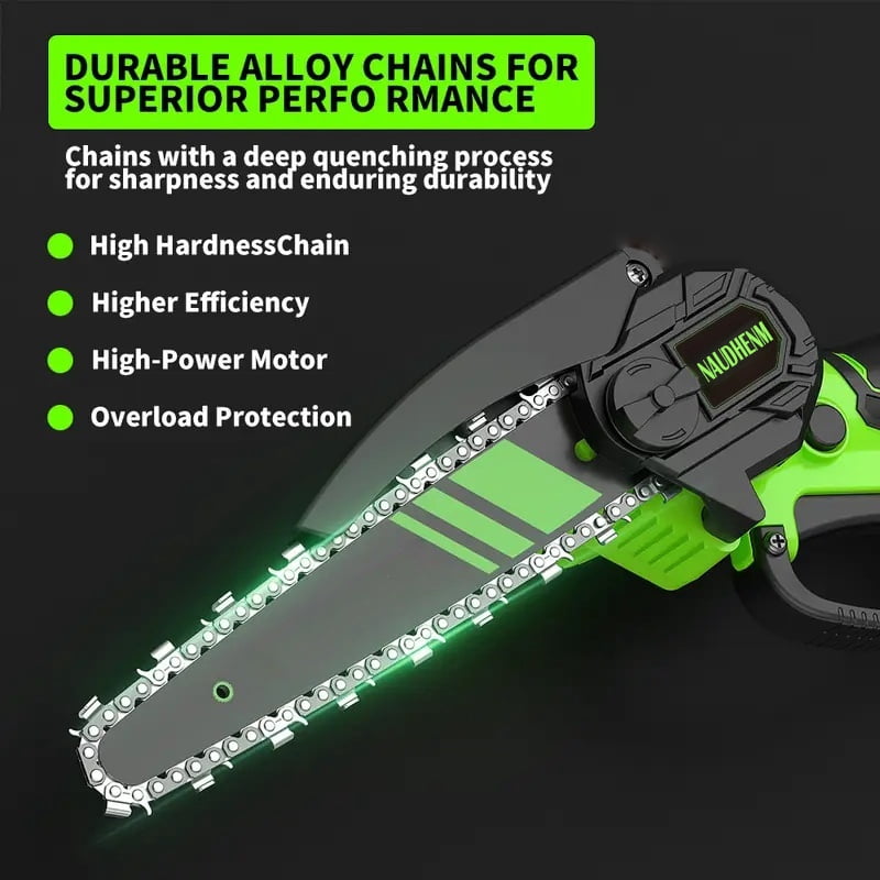 NAUDHENM 7.29-Inch Cordless Handheld Chain Saw, 12V, 2 Batteries, 2 Chains