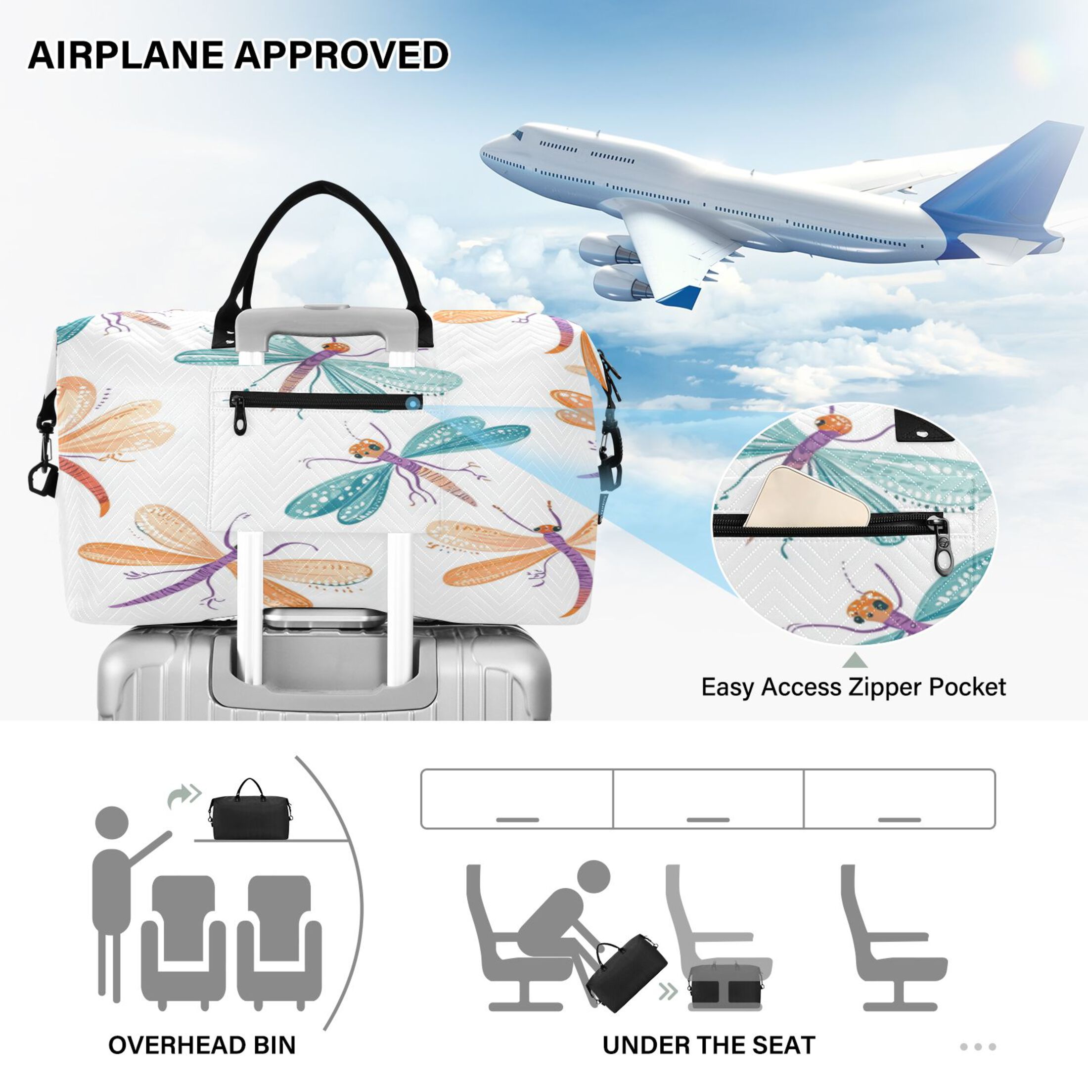 Travel Duffel Luggage Bag Sports Duffle Bag Gym Bag with Zipper Cartoon Dragonflies Pattern