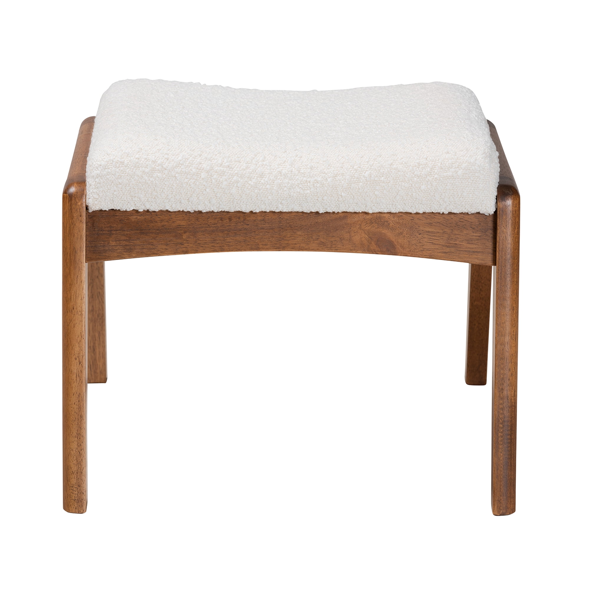 Baxton Studio Roxy Mid-Century Modern Off-White Boucle Upholstered and Walnut Brown Finished Wood Ottoman Footstool
