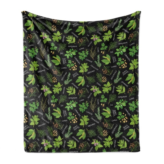 Spice Soft Flannel Fleece Throw Blanket, Graphical Illustration of Plants Scattered Leaves Plants and Typography, Cozy Plush for Indoor and Outdoor Use, 50" x 70", Night Blue Lime Green, by Ambesonne