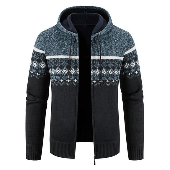 WREESH Fashion Winter Jacket Men'S Winter Ethnic Style Printed Design Zippered Sweater Long Sleeved Hooded Casual Jacket Blue