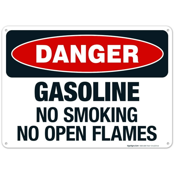 Danger Gasoline No Smoking No Open Flames Sign, OSHA Danger Sign, 10x14 Aluminum