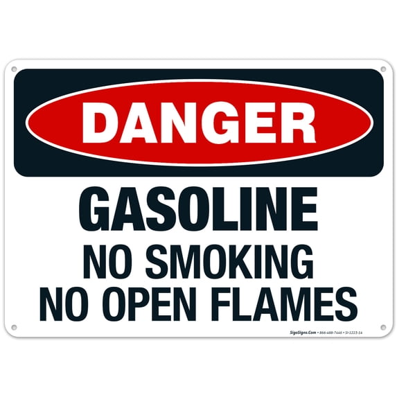 Danger Gasoline No Smoking No Open Flames Sign, OSHA Danger Sign, 10x14 Aluminum