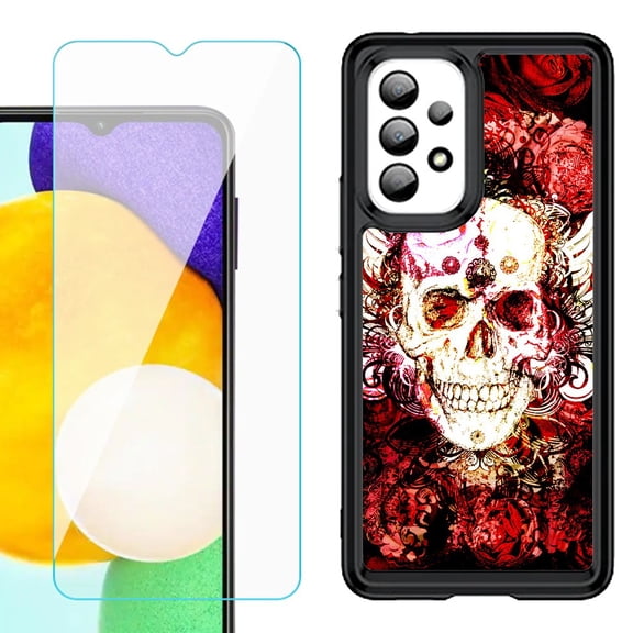 Shockproof Bumper (Black Frame) phone Case for Samsung Galaxy A23 5G, with Tempered Glass Screen Protector, by OneToughShield ® - Rose Skull