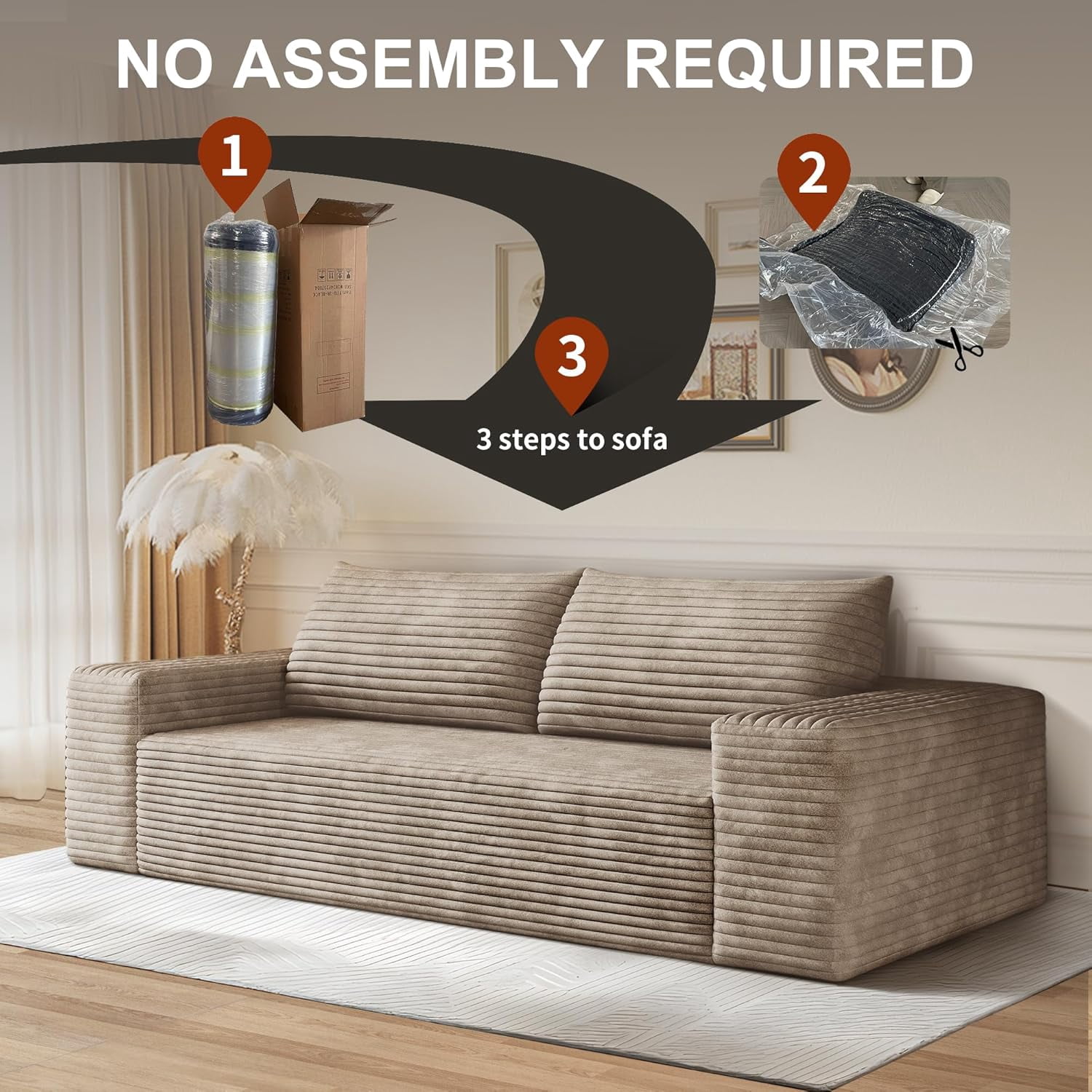 71" Corduroy Loveseat Sofa, 3-Seater Cloud Couch, Boneless Couch in a Box, Deep Seat Sofa with Memory Foam, No Assembly Required(Camel)