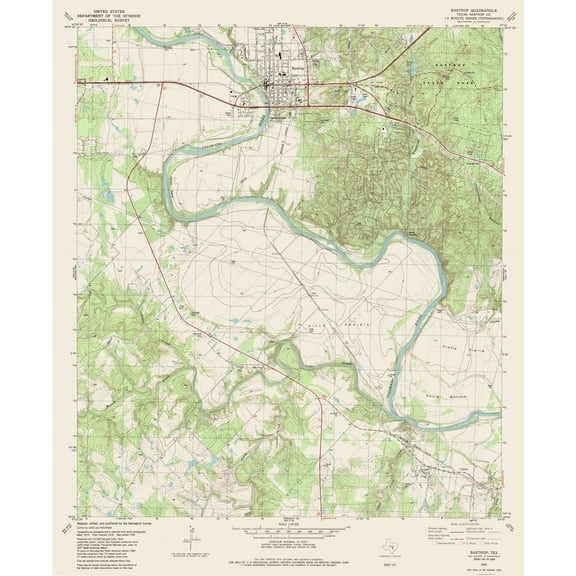 Topographical Map - Bastrop Texas Quad - USGS 1982 - Vintage Wall Art