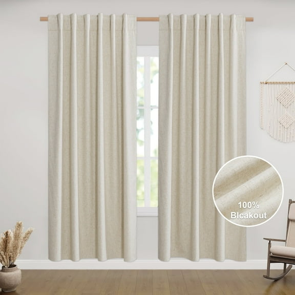 NICETOWN 100% Blackout Natural Linen Curtains 72 inch Long 52" Wide with Thermal Insulated Liners for Bedroom, 1 Pair, Farmhouse Style Room Warming Small Window Draperies for Dining Room