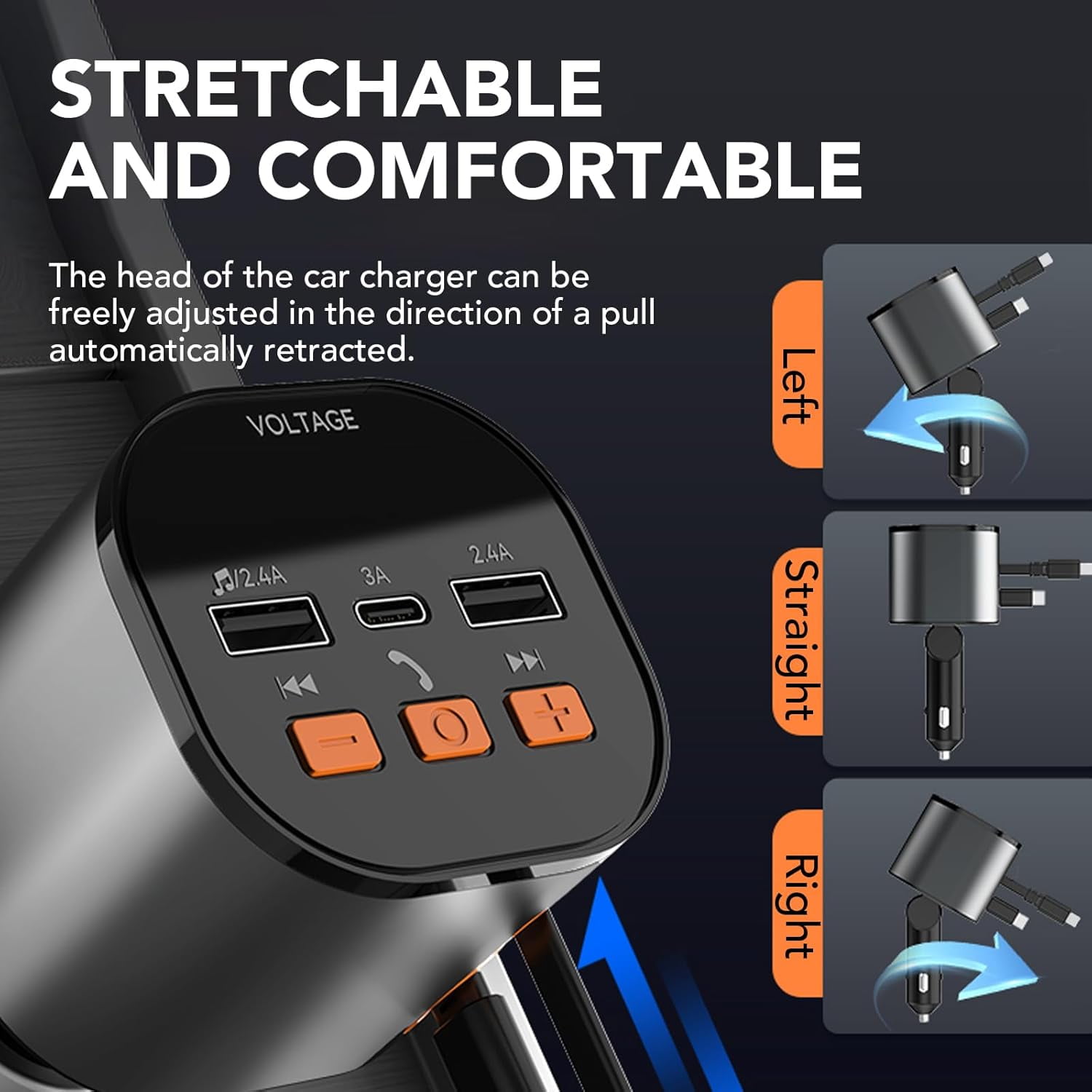 Retractable Car Charger with Bluetooth 5.0 FM Transmitter Adapter, 90W Fast Charging Dual Retractable Cords, Handsfree Call Car Charger for iPhone 16/15/14/13, MP3 Player Support USB Disk
