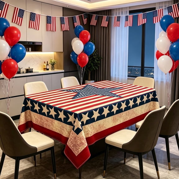 Vintage USA Flag Star Rectangular Tablecloth – Red White Blue Patriotic Cover for 4th of July Independence Day,A