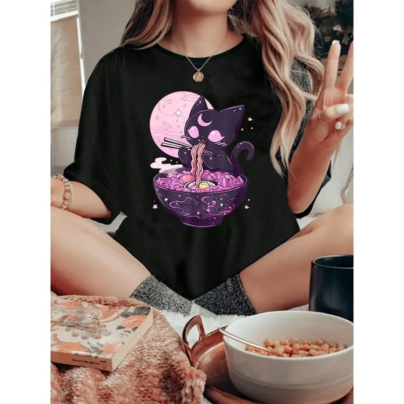 Pastel Goth Kawaii Creepy Cat Eating Ramen T-Shirt Cotton T-Shirt