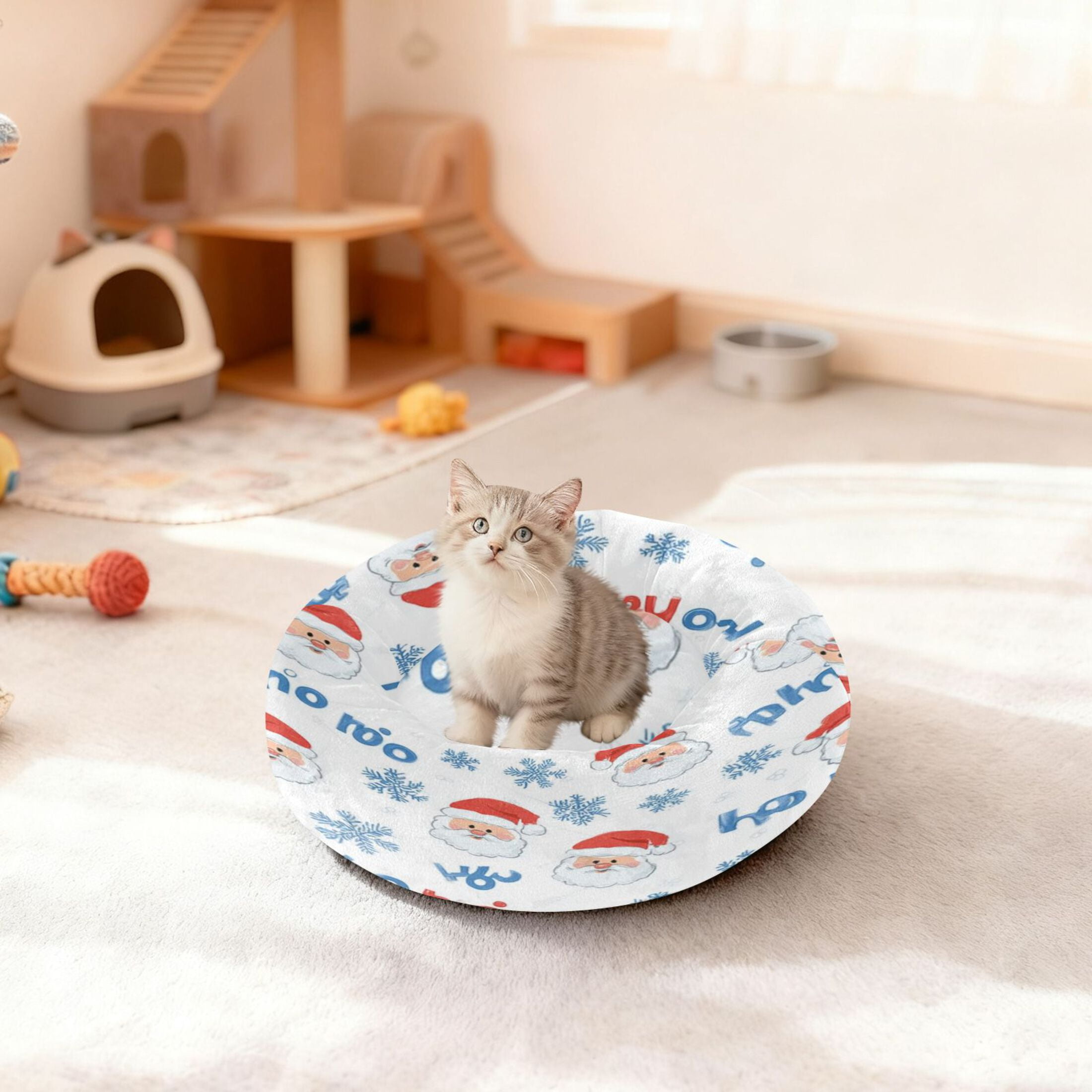 Iauyy Pet Couch Donut Cat Bed for Indoor Cats/Small Dogs Washable & Machine with Non-slip Bottom Calming Cat Furniture, Snowflake Santa Claus Wallpaper (M)