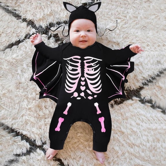 FASHOFT Baby Halloween Costumes Infant Outfit Uniform Bat Costume Clothes Ropmer with Hat Newborn Onesie Black 0-3 Months