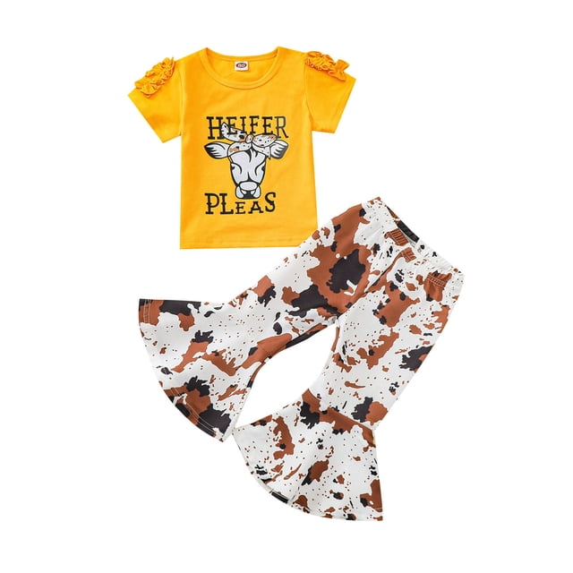 Leggings Para Niños Medias Para Bebés Camiseta De Manga Corta Con Letras Para Niñas Top Pantalones Acampanados Florales Leggings Amarillo Odeerbi LM103-1369