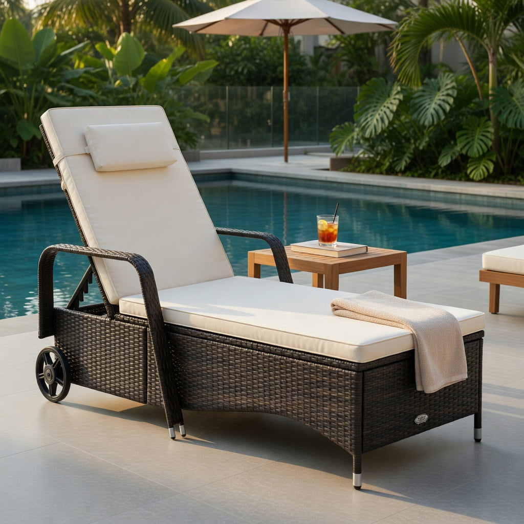 Hommoo Adjustable Outdoor Reclining Chaise Lounge Chair with Cushioned Seat, PE Rattan & Steel Frame, for Pool, Patio, Garden & Balcony, White
