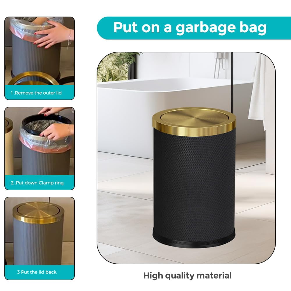 2.4 Gallon Bathroom Trash Can with Lid, Pu Leather Modern Garbage Can, Round Decorative Waste Basket, for Near Desk, Powder, Bedroom, Hotel, Office, Home