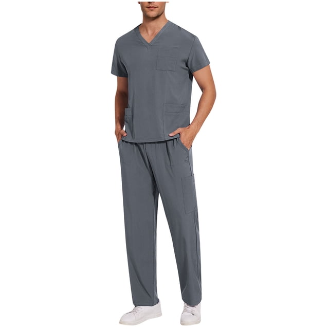 Bocqde Medical Scrubs Sets for Men 2 Piece Outfits Summer Solid V Neck Tee Top with Jogging Pants Mens Workwear Nursing Uniform with Pockets