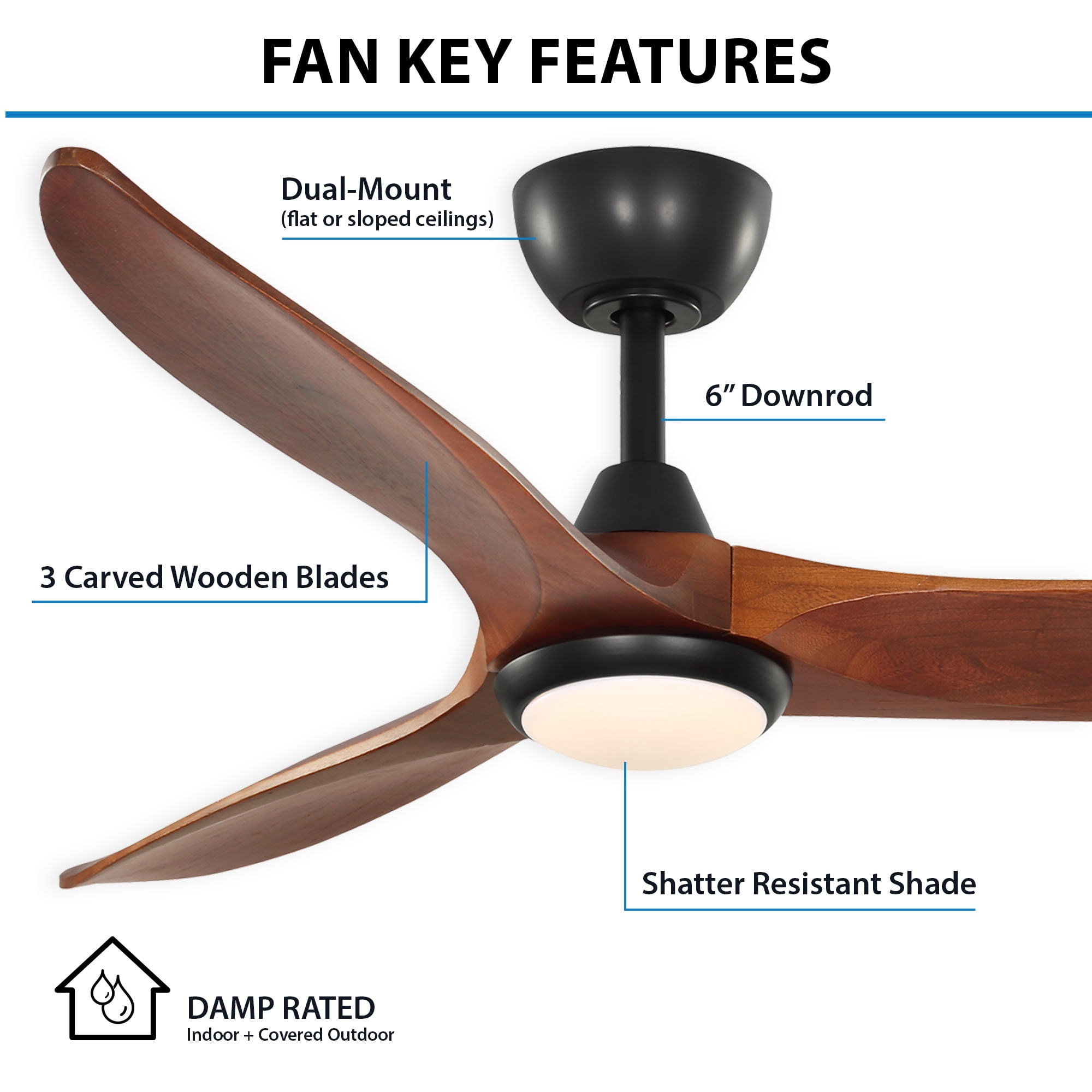 Better Homes & Gardens 52" Melinda Matte Black Indoor/Outdoor Downrod Ceiling Fan with Light Kit and Remote Control