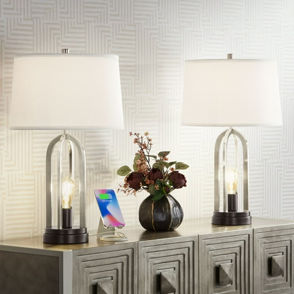 360 Lighting Marcel Modern Table Lamps Set of 2 24 1/4" High Brushed Nickel with LED Nightlight USB Charging Port White Shade for Bedroom House Desk