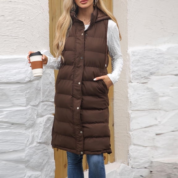 LEKWK Long Puffer Vest Women Sleeveless Zip up Down Jackets Button Down Warm Padded Down Coats Hooded Quilted Thermal Heavy Winter Coat with Pockets