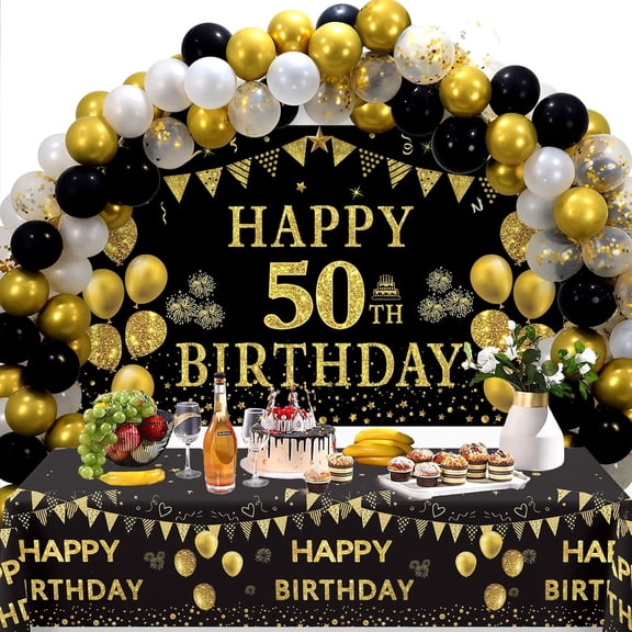 50th Birthday Decorations for Men Women - Black Gold Happy 50th Birthday Backdrop Banner, 2 Pcs Happy Birthday Tablecloth, 60 Pc Latex Confetti Balloons, 50 Years Old Birthday Party Supplies