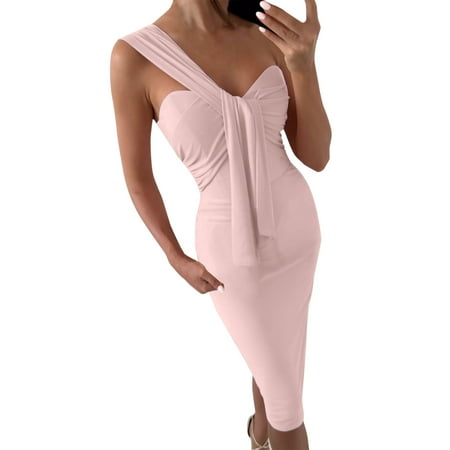 

Dtydtpe Women One Shoulder V Neck Elegant Evening Fashion Elegant Dress Party Festive Party Dress With Slit Summer Casual Dress Maternity Dresses Casual Summer for Women Dress Casual Su