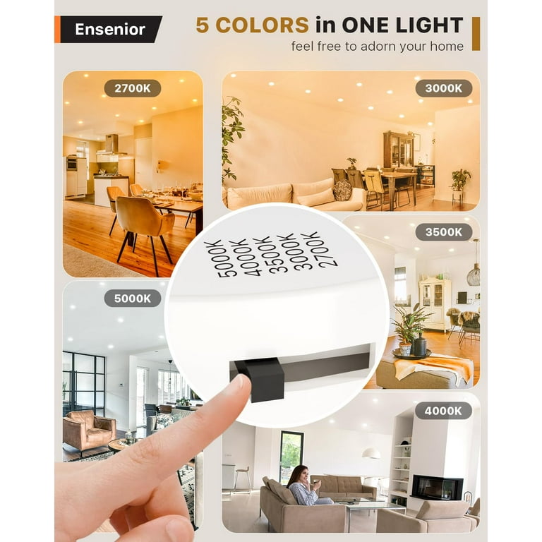 Ensenior 5/6 Inch LED Recessed Lights - 5CCT Selectable, Dimmable, IC Rated - 4 Pack - 9W=110W - 1000LM
