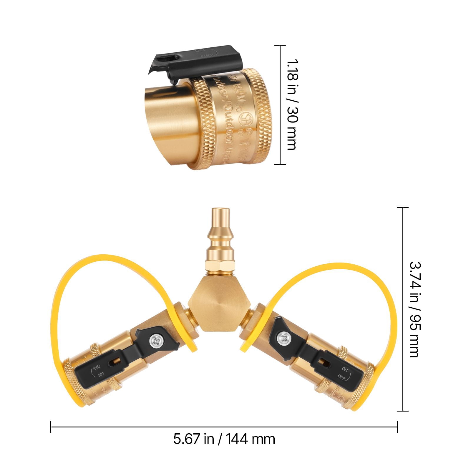 Dranite RV Propane Quick Connect Y Splitter Adapter with Shutoff Valve