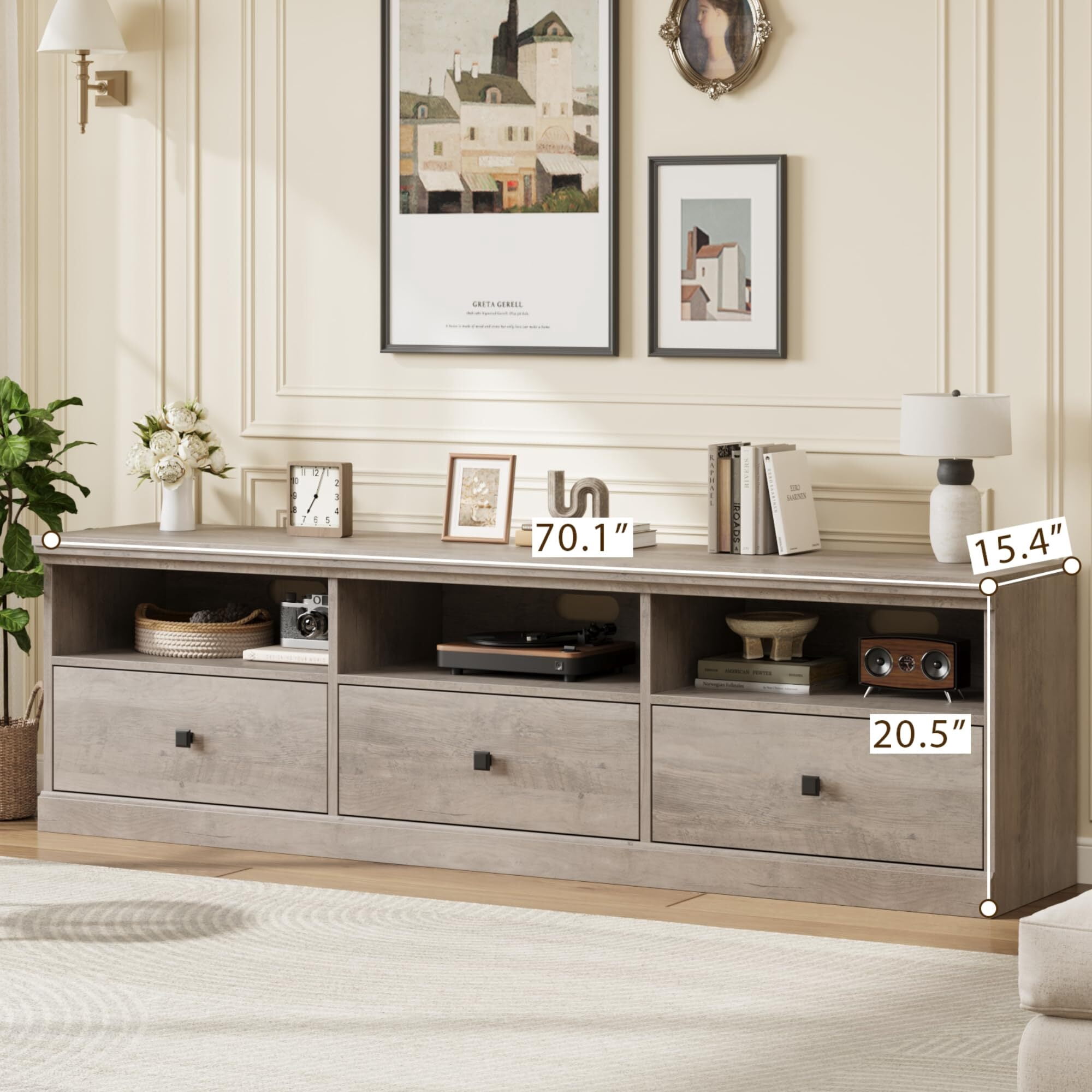 Emorefun 70 Inch Farmhouse TV Stand, Entertainment Center with Storage Drawer & Open Shelves for TVs up to 75 Inch, Gray