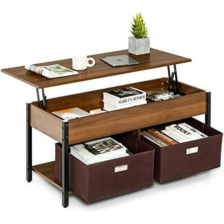 

Lift Top Coffee Table with Drawers Multifunctional Pop-up Central Table with Lifting Tabletop Concealed Compartment & 2 Folding Fabric Drawers Home Living Room (Rustic Brown)