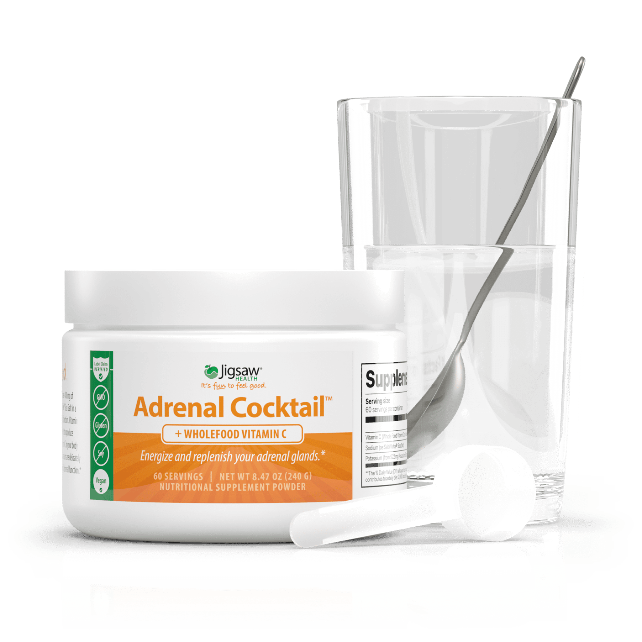 Jigsaw Health Adrenal Cocktail + Wholefood Vitamin C | with Potassium Bicarbonate, Sea Salt, and Acerola Cherry Extract | 60 Servings (Jar)