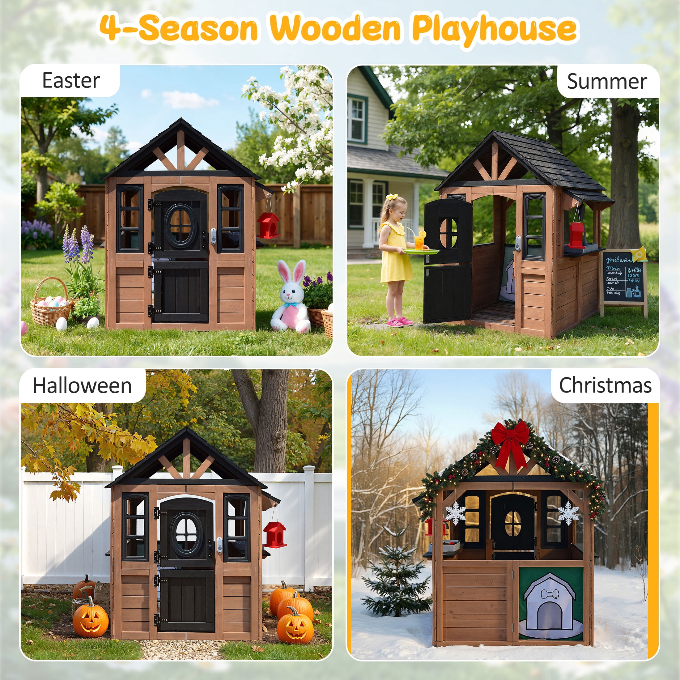 COCLUB Kids Outdoor Playhouse, Wooden Playhouse with Play Kitchen, Working Doorbell, Bird Cage, Pet Door, Backyard Casa de CampañA Para NiñOs Country Style