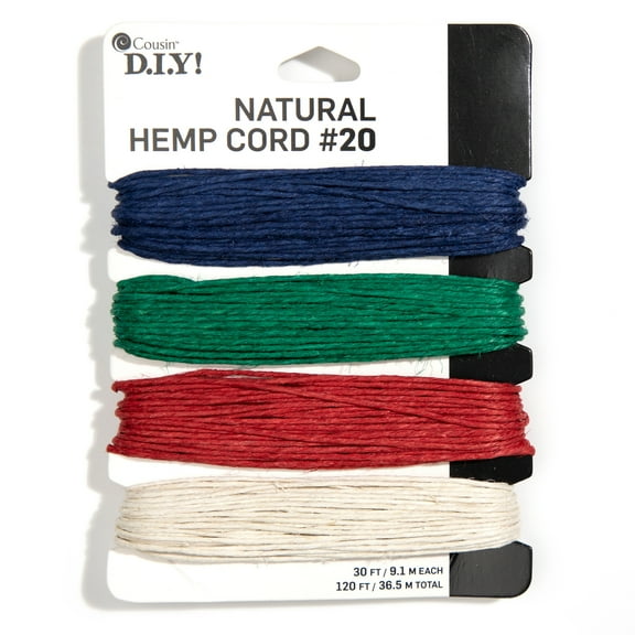 Cousin DIY 20lb Primary Color Hemp Twine, Red/Green/Blue, 4 Piece Roll, 120 ft