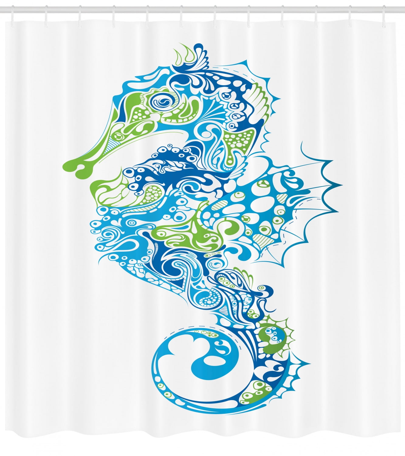 Seahorse Shower Curtain, Seahorse Design with Abstract Curvy and Wavy Geometric Forms, Fabric