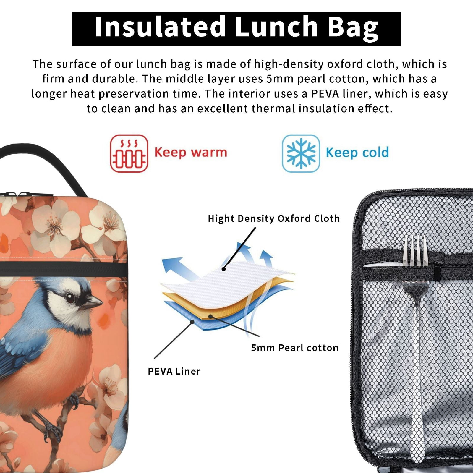 Lunch Bag For Women Men Insulated Portable Lunch Box Bento Box Office Picnic Travel Cooler Bag The Birds Are Perched On The Flower Branches