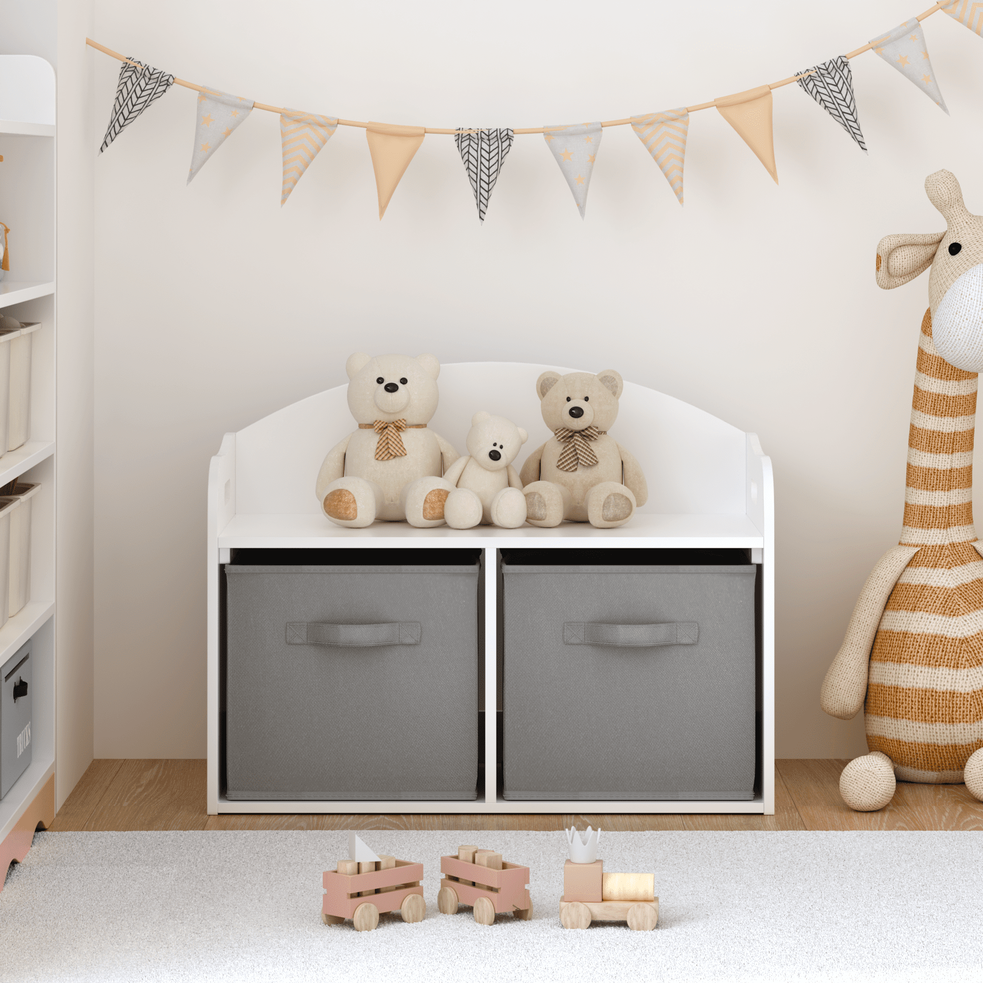 Toy Storage Organizer with Bench, Kids Reading Nook with 2 Collapsible Fabric Drawer for Playroom, Classroom, Nursery, Kindergarten