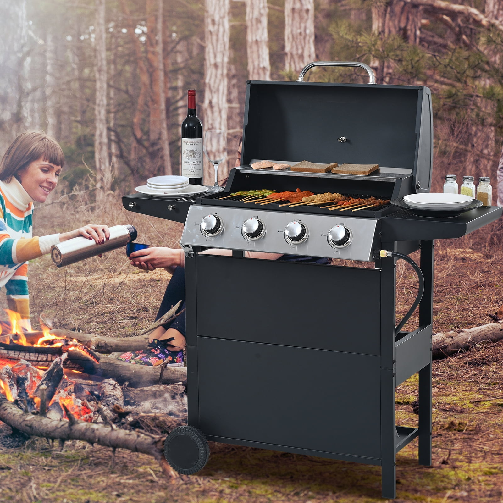 34,000 BTU Propane Gas Grill 4 Burner BBQ Grill, Stainless Steel Patio Garden Barbecue Grill with Two Shelves, Lid, Wheels and Bottle Opener