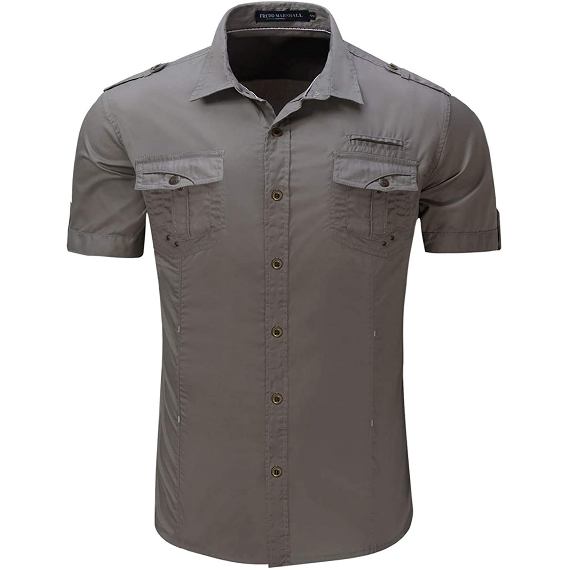 Ffiy Mens Military Short Sleeve Twill Work Shirts Casual Button Down Shirts Pockets Gray