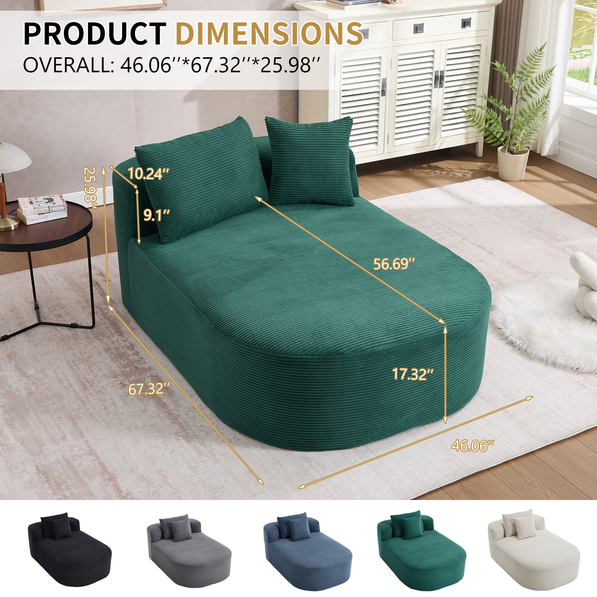 Sleeper Sofa, Chaise Lounge Chair, Oversized Convertible Sofa Bed with Deep Plush Corduroy Seat, No Assembly Required, for Living Room Lounging, Green