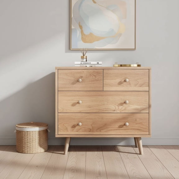 Resenkos Wide Wooden Dresser with 4 Drawers, Modern Storage Chest with Metal Slides and Ergonomic Handles for Bedroom, Living Room, Natural