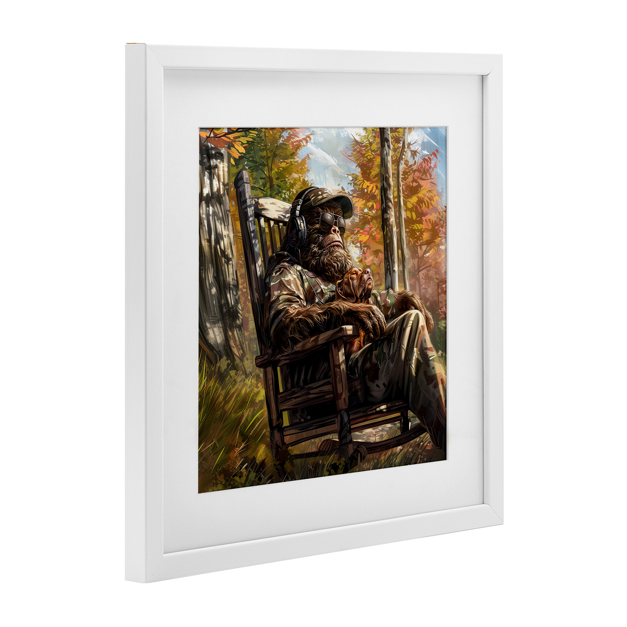 Mythical Creature with Headphones White Framed Print Under Glass, design by Jim Baldwin