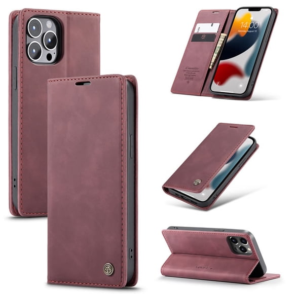 CaseMe for iPhone 14 Pro, Wallet Case Soft PU Leather Flip Case Magnetic Stand Flip Protective Cover Leather Case with ID & Credit Card Slots Holder Case-Wine Red
