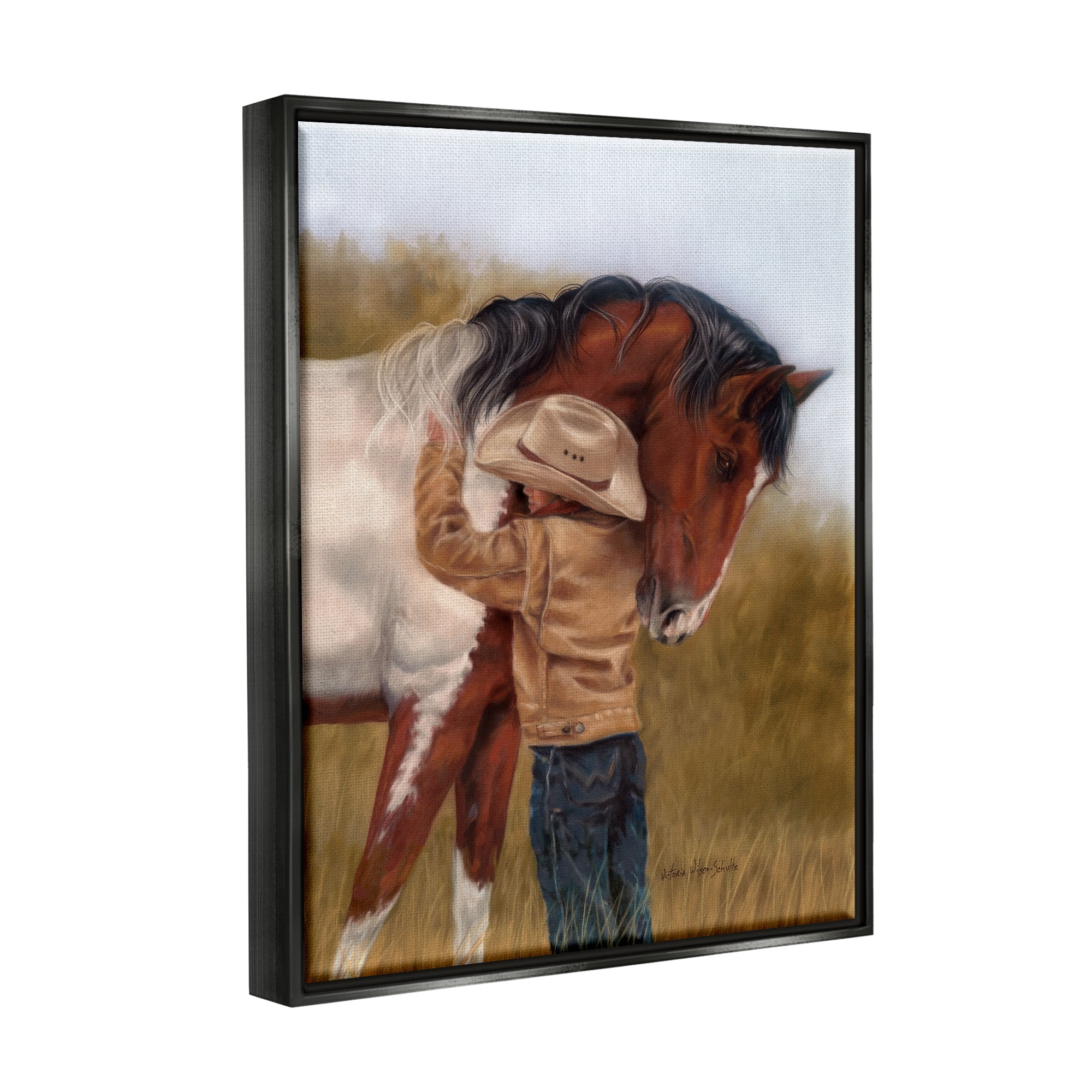 Stupell Industries Boy Hugging Horse Painting Animals & Insects Painting Black Floater Framed Canvas Art Print Wall Art, 17 x 21