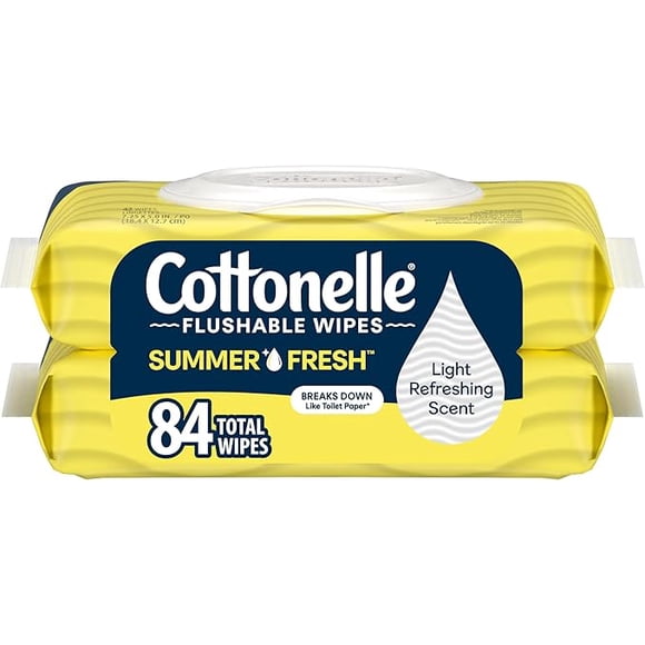 Cottonelle Lingettes Jetables Parfumées Fraîches d'Été, Biodégradables et Sûres pour Fosses Septiques, 2 Paquets à Couvercle Rabattable de 42, 84 Lingettes Jetables au Total