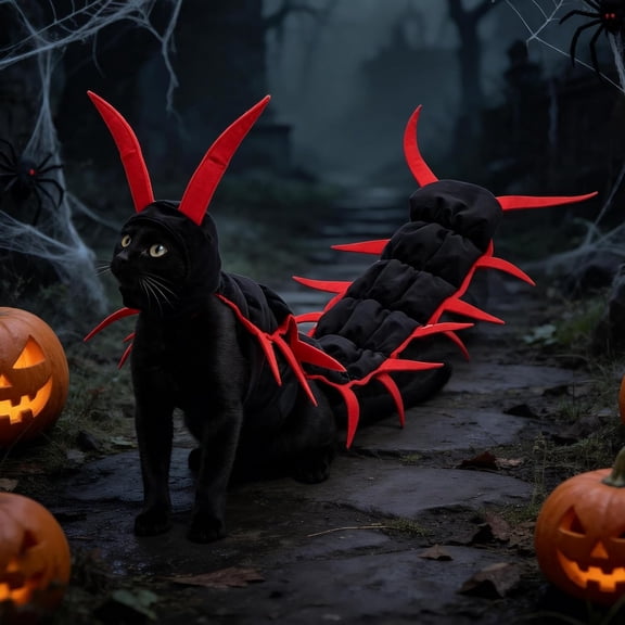 Cat Centipede Costume Small Cat Outfit, Funny Centipede‑Style Halloween Pet Dress‑Up, Washable Comfort Outfit with Headpiece for Kitten Small Dog Party Display (Red)