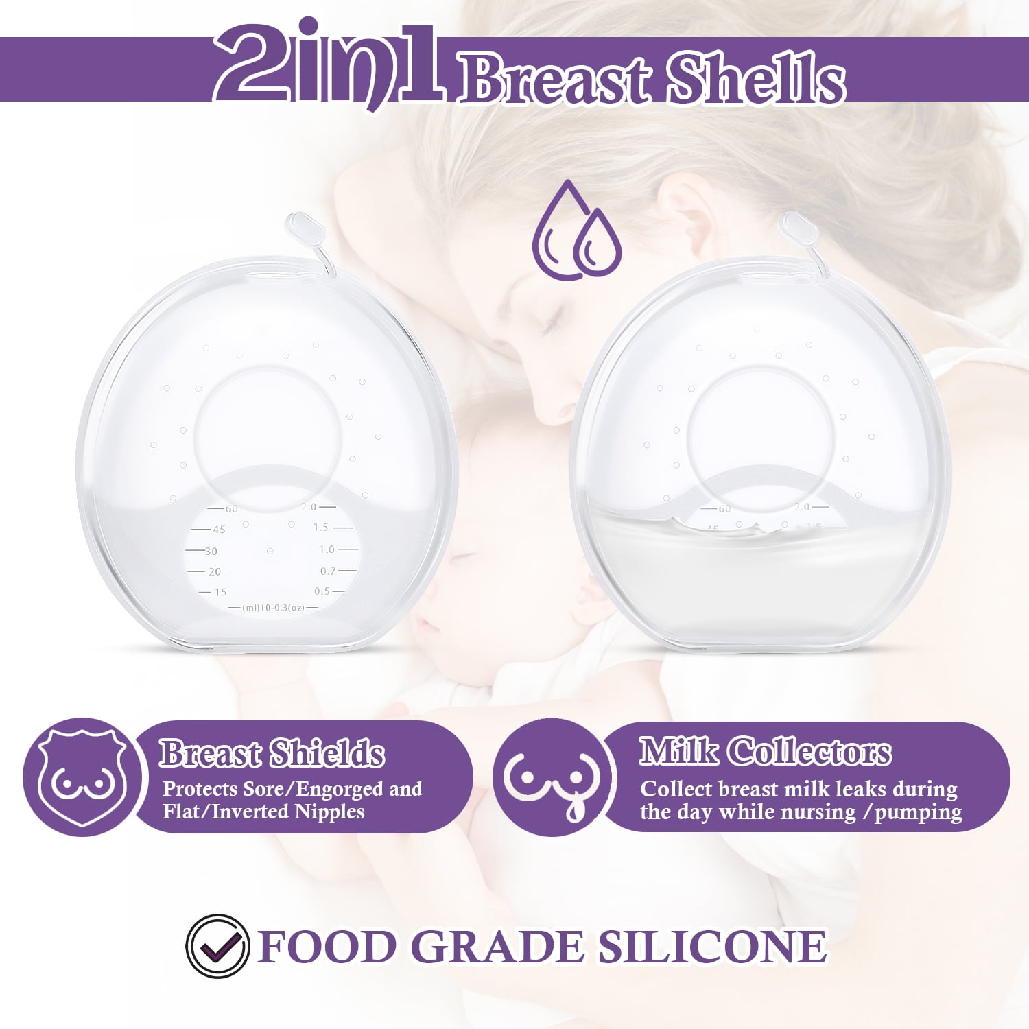 Upgrade Version Breast Shells Nipple Shield with Anti-Flow Stopper Therapy  Comfort for Sore Leaking Breast aFeeding Nursing Mother BPA Free Food Grade  Silicon Breastmilk Saving (2 Shells) 2 Count (Pack of 1)