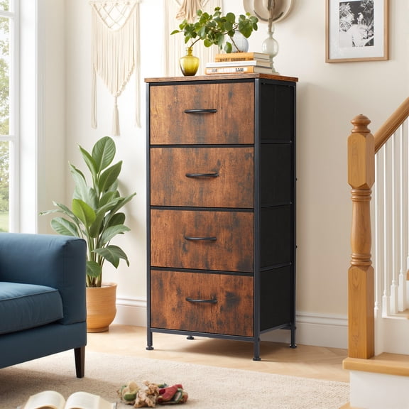 TINKLE WELL Storage Dresser with 4 Drawers, Removable Bins, Modern Wide Soft Fabric Chest Organizer for Bedroom, Hallway, Brown